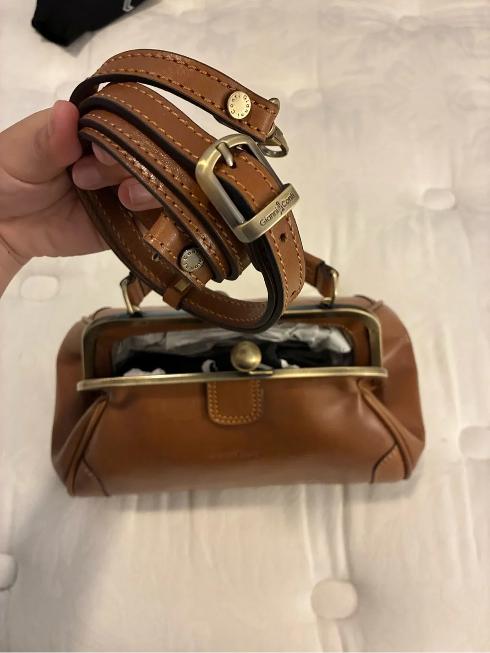 Structured Tan Leather Kiss-Lock Wristlet Clutch